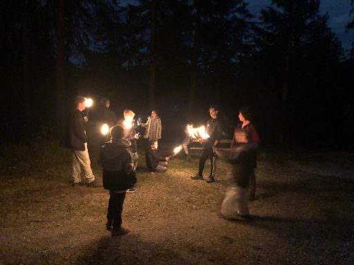 Menschen mit Fackeln stehen im Wald bei Nacht und interagieren miteinander.